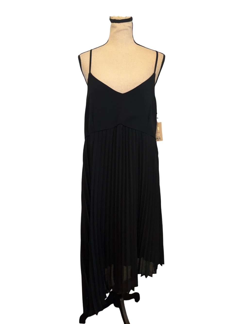 Nine West Black Pleated Asymmetrical Midi Dress Large Spaghetti Strap NWT